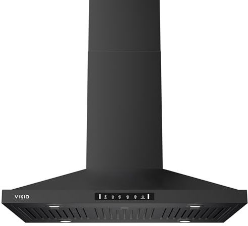 VIKIO HOME Island Range Hood 36 Inch, 390 CFM kitchen Hood with Touch/Gesture Control, Ceiling Mount Kitchen Vent Hood, Convertible Ducted/Ductless, 3-Speed Fan&4 LED Lights, 3 Baffle Filters, Black