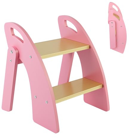 Sampoes Sgabello per bambini a 2 gradini, pieghevole, in legno, con maniglia, portata fino a 135 kg, per bagno, lavandino, cucina, camera da letto, rosa