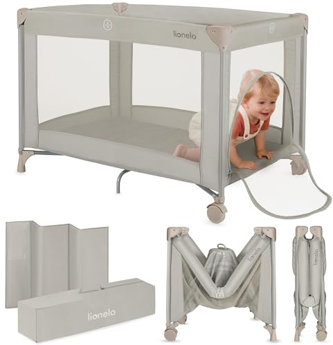 LIONELO Amelie Resesäng för Baby – Kompakt och Lätt Spjälsäng 100,5×70,5 cm, 7 kg Hopfällbar, med Madrass, 2 Hjul, Luftiga Meshsidor & Sidointräde, Stabil Stålram, upp till 15 kg, med Väska, Beige