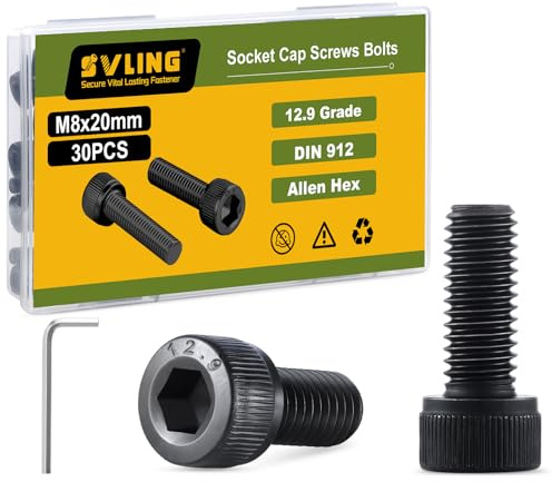 SVLING M8-1.25 x 20mm Bolt, 30PCS M8 Hex Socket Head Cap Screws Bolts, 12.9 Grade Alloy Steel, Full Threads, Allen Socket Drive, with Hex Spanner
