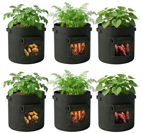 SEGNAYEN Lot de 6 sacs de culture de pommes de terre, sacs de culture en tissu non tissé pour légumes avec poignées, sacs de culture pour pommes de terre, carottes, tomates, fruits (noir)