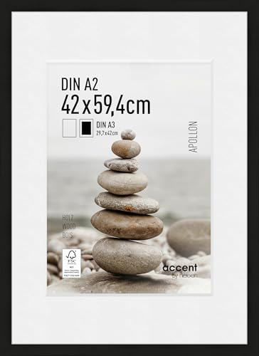 accent by nielsen Apollon Wooden Picture Frame - Black A2 (42x59.4cm) with White Mount for A3 Picture - Float Glass and Easy Push and Turn Clips