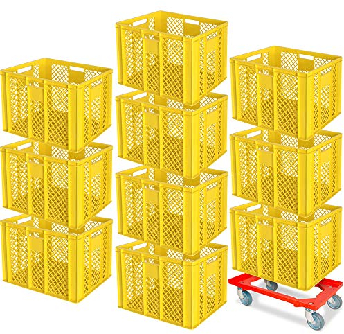 BRB 10er Spar-Set Euro-Stapelbehälter Plus Transportroller, 600x400x410 mm Industriequalität lebensmittelecht gelb