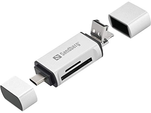Sandberg 3 In 1 Card Reader | USB-C + USB + MicroUSB | SD Card Reader + Writer | Memory Card to USB C, USB A, Micro USB | Plug & Play | Reads + Writes SD, SDHC, SDXC, MMC, T-Flash, and Micro SD Cards