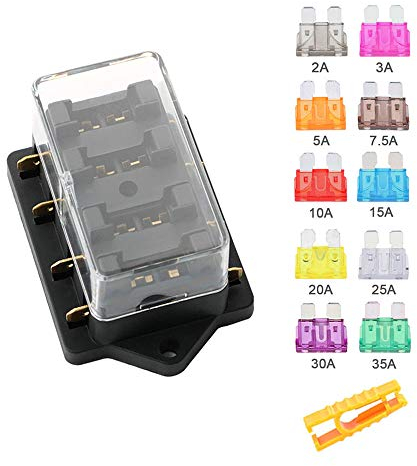Aiqeer 4 Vie Scatola Portafusibili Standard, 12V / 24V / 32V / 48V Generic Impermeabile Scatola Fusibili, con 10 Pezzi Libero Fusibile Lama Standard (2/3 / 5/7.5/10 / 15/20 / 25/30 / 35A)