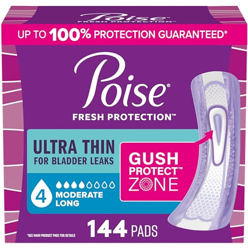 Poise Ultra Thin Incontinence Pads & Postpartum Pads for Bladder Leaks, 4 Drop Moderate Absorbency, Long Length, 144 Count, Packaging May Vary