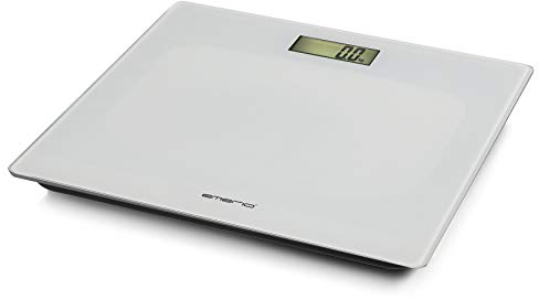 Digitale Personenwaage von Emerio mit präzisen Sensoren, Step-On-Technik, inkl. 2x AAA Batterien, LC-Display, Einheiten in kg/lb/st, bis max. 180kg, Ultraschlank, Auto Off, Glas Weiß, 28x28x2cm