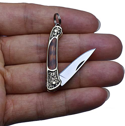 JPCRMOV Mini Klappmesser 9g Taschenmesser Messing Schlangenholz EDC Messer | Mit nur 9 g ultraleicht als praktischer Schlüsselanhänger für Alltag, Camping, Outdoor und Survival EDC