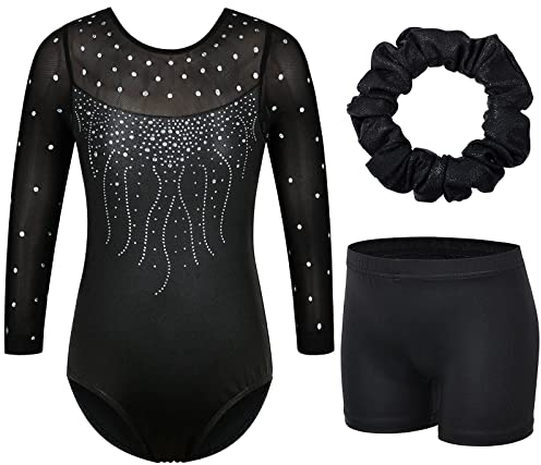 ZNYUNE Mädchen Gymnastikanzug 3er Set Kinder Glänzende Turnanzug mit Strasssteine B272 Black 8A