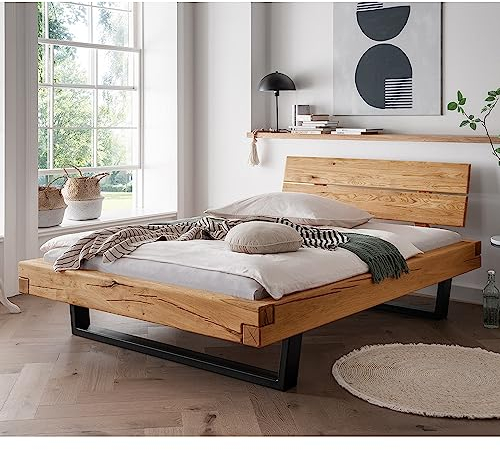 Lomadox Doppelbett Ehebett Bett Echtholz Massivholz, 140x200 cm, Eiche massiv, Holzkopfteil, Schwarze Metallkufen, B/H/T ca. 158/88/228 cm