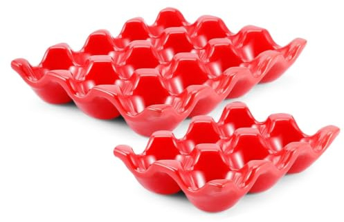 Flexzion Porta-huevos cerámico 12 + 6 huecos para nevera - Bandeja de porcelana para 18 huevos, contenedor organizador decorativo y bandeja para servir para frigorífico, encimera y cocina (Roja)