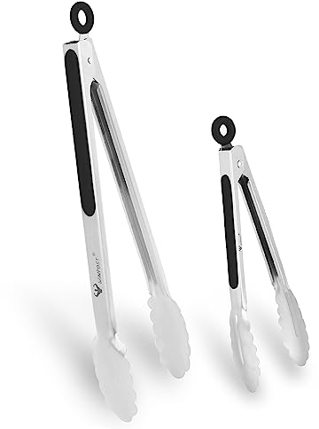 WINPOST Set di pinze da cucina in acciaio inox, 21 cm e 34 cm, manico antiscivolo resistente al calore, ideali per cucinare, insalata, grigliare e barbecue (21 cm + 34 cm, nero)