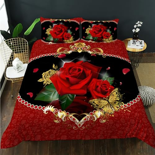 AILONEN Red Rose Duvet Cover King Size, 3D Oil Red Rose Bedding Set for Girls,Romantic Flower Comforter Cover,1 Quilt Cover 2 Pillowcases 3 Piece,Soft Microfibre