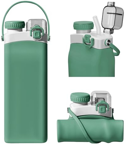 Nefeeko Gourde pliable, 600 ml, en silicone, avec paille, réutilisable, anti-fuite, sans BPA, pour le sport, les voyages, le camping, le yoga, l'école, l'extérieur, vert armée