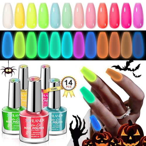 Saviland Glow in the Dark Nail Polish Set: 12 Colors Luminous Quick Dry Nail Varnish with Coat Top Polish Coat Fluorescent Colour Halloween Nail Polish for Salon Home Use Gift Set