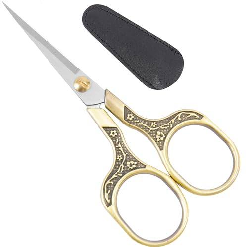 Needlepoint Scissors with Leather Sheath, 5 Vintage Antique Bronze Small Embroidery Scissors, Sharp Sewing Snips for Fabric, Yarn, Thread & Daily Crafting, Aesthetic Metal Craft Scissors
