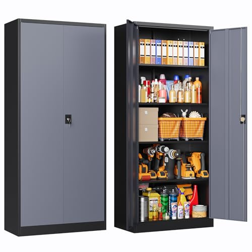 LISSIMO 72 Inch Metal Cabinet,Locking Storage Cabinet with 2 Doors and 4 Adjustbale Shelves,Steel Tool Cabinet for Garage,Basement,Home Office,Gym(Grey& Black)