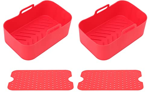 Revestimientos de silicona para freidora de aire rectangulares, revestimientos para freidora de aire, 2 juegos de cesta y tapete de silicona para freidora de cocina, accesorios (Rot)