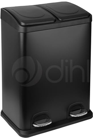 Dihl 40L Stainless Steel Pedal Bin, Black | Dual 20L Removable Buckets, Soft-Close Lids, Double Twin Recycle Bin, 40 Litre Capacity