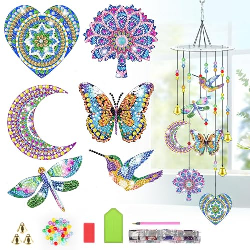 Lxmsja Mandala Diamond Art Painting Wind Chimes for Garden, Diy Hanging Crystal Suncatcher, Diamond Painting Kits for Adults Kids, Mosaic Kits for Adults, Wind Chimes Indoor Outdoor Home Decor