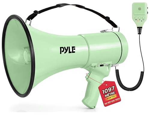 Pyle Megafono 50 Watt, Megafono Portatile per Eventi, Sport e Annunci Pubblici, Sirena Automatica, Volume Regolabile, Raggio 1000 Metri, Ingresso Aux, Tracolla