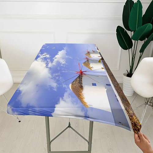 Morbuy Rechteckige Windmühle Drucken Elastische Tischdecke, Rechteckig Tischdecke mit Gummizug Spanntischdecke Gartentischdecke für Outdoor Picknick Camping Partys (C,6ft=183x76cm)