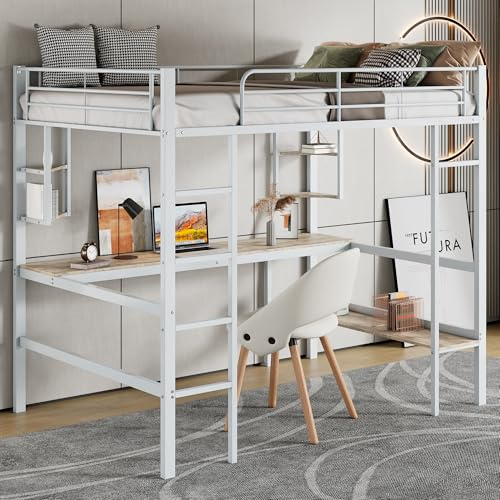 Dolamaní Hochbett Metall 90x200 cm für Kinder, Jugendliche und Erwachsene, Metallbett Etagenbett mit Schreibtisch und Regal, Rausfallschutz Sicheres Design, Weiß