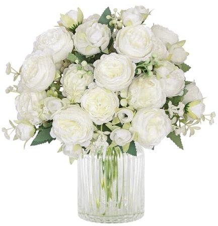 SOMYTING Lot de 2 Bouquets de Pivoines Artificielles en Soie pour Fête de Mariage, Centre de Table Décoration D'intérieur (Blanc)