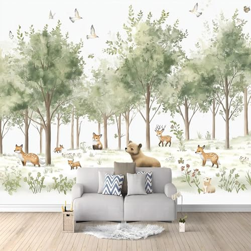 Papier Peint Intissé Panoramique Animaux De Dessin Animé - Cerf, Ours, Renard 300x210 cm Pour Chambre De Bébé, Fille, Garçon et Salon Décor Murale
