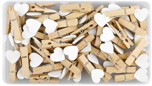Bojueshaw 50pcs Mini Pegs, Wooden Heart Pegs,Wooden Photo Display Clips,Small Clothes Peg,for DIY Arts and Crafts, Weddings Events Decorations(White)