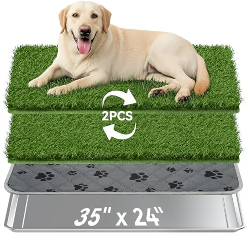 Große Hundetoilette Grasmatte mit Tablett, 90 x 60 cm Edelstahl Hundeklo mit 2 Wiederverwendbaren Kunstrasen, Waschbare Hunde Trainingsunterlage, Welpentoilette Hundetöpfchen für Balkon Indoor Outdoor