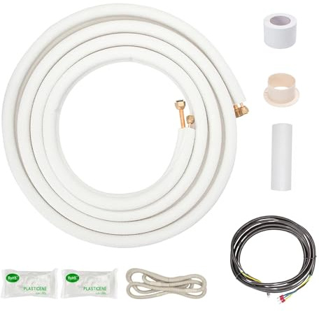 ICOOL 10 Ft. Mini Split Line Set, 1/4 & 3/8 O.D. Twin Copper Pipes, 3/8 Thickened PE Insulated Coil Copper Line for Air Conditioner HVAC Refrigeration and Heating Equipment, with Fittings