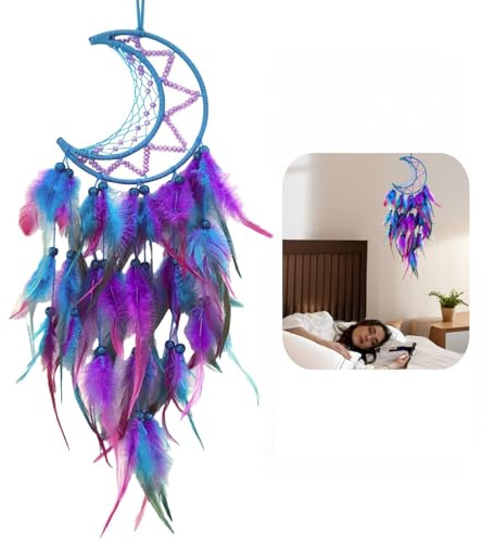 Moon Dream Catcher for Girls Blue Purple Hanging Decorations for Home Handmade Girls Bedroom Accessories Art Ornaments Dreamcatcher with Good Wishes