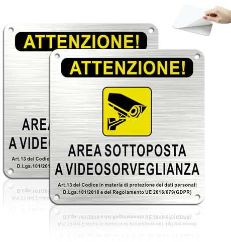TAKULA Cartello Zona Videosorvegliata 15x15cm 2 Pezzi – Alluminio Satinato | Preforato con adesivo. A norma per videosorveglianza. Resistente e durevole. Per interni ed esterni.