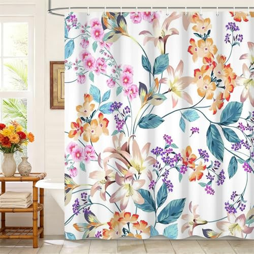 Kzzfqxb 183x183cm Cortinas de Ducha Florales con Ganchos, Ramas exuberantes con Flores de Colores florecientes Impermeable ocluidas para bañera, Elegante y Hermosa Tela poliéster para baño de niñas