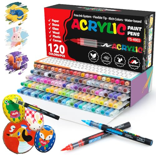 snookids 120 Colores Rotuladores Acrilicos, Marcadores Acrílicos para Colorear Adultos, Acrylic Markers para Piedras, Tela, Lienzo, Madera, Cerámica, Vidrio