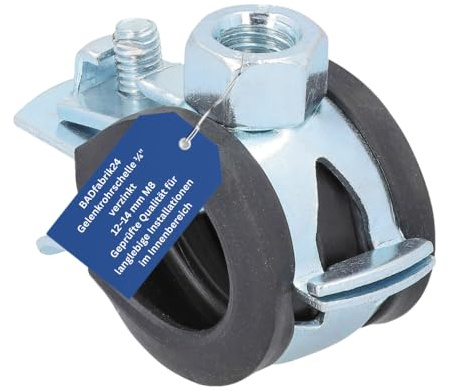 BADfabrik24 Gelenkrohrschelle verzinkt mit Schallschutzeinlage – 12–14 mm (1/4), M8-Gewinde, für Sanitär- & Heizungsrohre – vibrationsdämpfende Rohrklemme für leise, sichere Rohrbefestigung