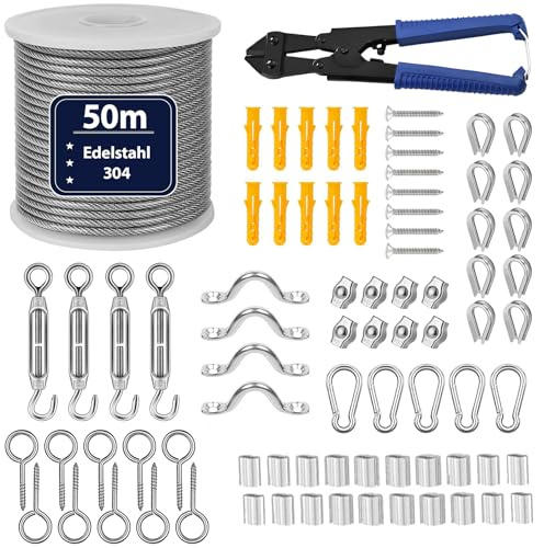 81pcs Drahtseil Edelstahl Set 50m 3mm Stahlseil mit M4 Spannschloss Seilspanner, Ösenschraube, Seilkauschen, Drahtseilschneider, Drahtseilklemme PVC-ummantelt Drahtseil für Rankhilfe Kletterpflanzen