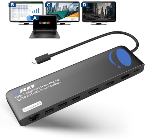 OREI USB C Docking Station Triple Monitor & SplitXtend Laptop Dock, 4K@60Hz | Laptop Docking Station with 3 Displays, 2 HDMI + DisplayPort, 100W PD, Ethernet, USB 3.0, USB-C Hub for Windows & Mac