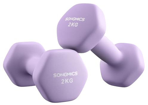 SONGMICS Set of 2 Dumbbells, 2 x 2 kg Hand Weights with Neoprene Coating, Hexagonal Dumbbells Pair, Home Workout, Fitness Training Exercise, Ash Purple SYL904PZ02