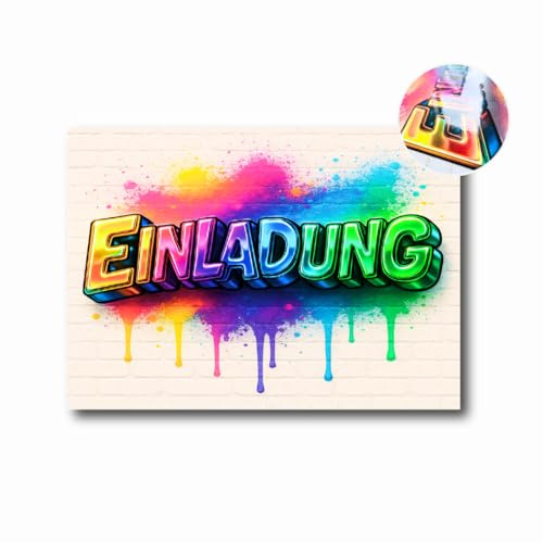 GRAFBURG - 15 Einladungskarten Kindergeburtstag mit 3D Effekt – DIN A6 - Coole Einladungen für Jungs & Mädchen – Geburtstagskarten Graffiti-Design Splash (15 Stück)
