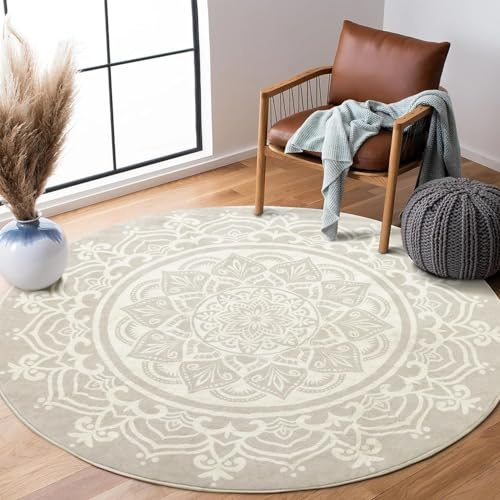 Carvapet Runder Teppich, 122 cm, weich, flauschig, Kreisteppich, Kurzflor-Teppich, rutschfest, waschbar, Bohemian-Mandala-Boden, runde Teppiche (grau/beige)