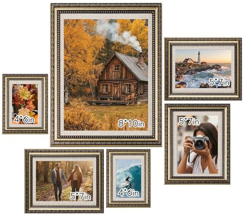 Wonderjune Vintage Picture Frames Set of 6, Gallery Wall Frame Set (4x6, 5x7, 8x10), Antique Photo Frames for Wall Decor, Rustic Home Decor for Living Room Bedroom