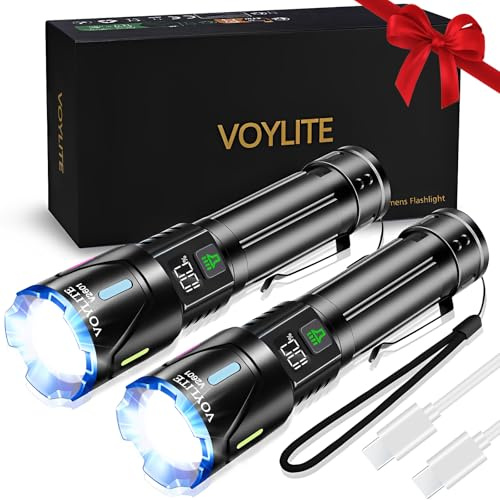 Voylite Torches LED Super Bright Rechargeable 2 Pack, 1000000 High Lumens | Long Lasting Bright Torch, LCD Power Display, 1500m Range, IPX7 Water, 3 Modes and Zoom with Belt Clip for Outdoor, Camping