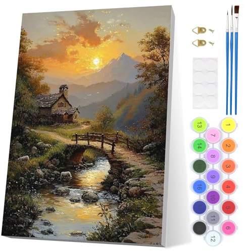 EOBROMD Pintar por Numeros Adultos, Atardecer en el Campo Pintura por Numeros con Marco, Kit de Pintura al óleo de Lienzo DIY para con Pinceles, Pigmento Acrílico, Decoración para el Hogar 20x30cm