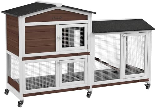 PawHut Hasenstall 2 Etagen Kaninchenstall aus Holz 157,4 x 53 x 99,5 cm Kaninchenkäfig mit wetterfest Bitumendach, Freilaufgehege, Rampe, Tür, Stahlgitter, Hasenkäfig für Kaninchen, Outdoor Braun