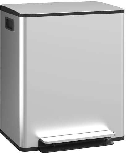 HOMCOM Dual Kitchen Bin 2 x 25L Stainless Steel Double Pedal Bin Silver | Soft-Close Lid, Removable Inner Buckets, Handles, for Recycling and Waste