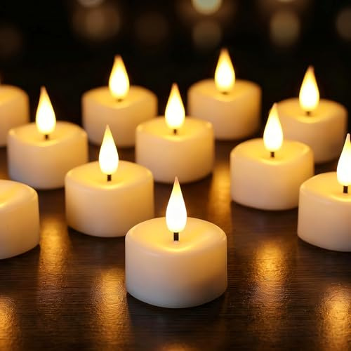 Eldnacele LED Tea Lights, Battery Tea Lights with 6H Timer, 12 Pack | Electric Tealights, Flickering Flameless Candles, Real Wax, White, Wavy Rim, CR2032 Included, Wedding and Christmas Decor