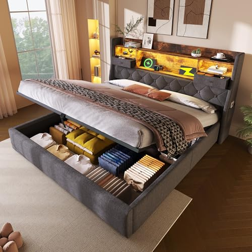Merax Polsterbett 180x200cm mit LED und Ladestation, Modern Doppelbett mit Hydraulischem Stauraum & Stauraum-Kopfteil, Bettgestell mit stabiles Holz Lattenrost, Jugendbett, Leinen, ohne Matratze, Grau