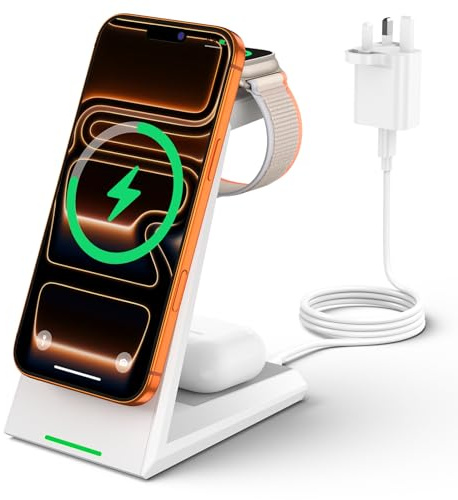 ADADPU 3 in 1 Wireless Charging Station, 15W Fast Mag-Safe Charger Stand | for iPhone 17 16 15 14 13 12 Pro Max, Apple Watch & AirPods 4 3 2, Bedside Dock with Ambient Light Sensor(with 30W Adapter)